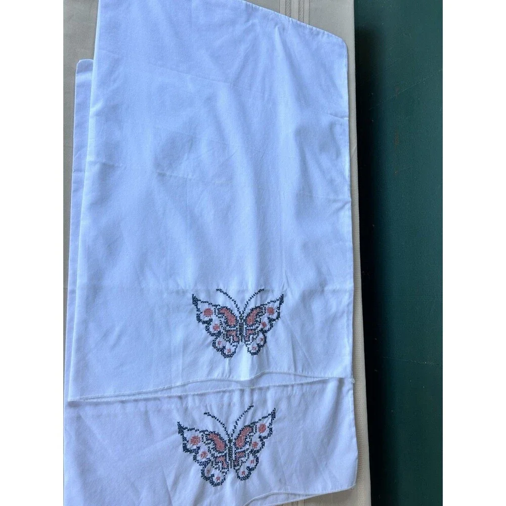 Vintage Cross Stitch Pillowcases Hand Embroidered Butterfly White 2 Pr Cottage